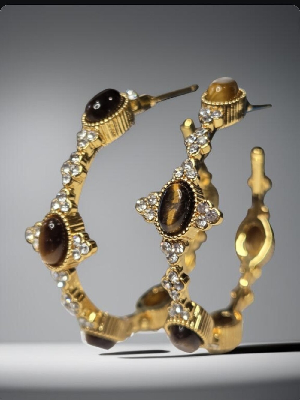 18k Gold Plated Maltese Cross Tigers Eye Jeweled Crystal Hoop Earrings - Picture 6 of 6